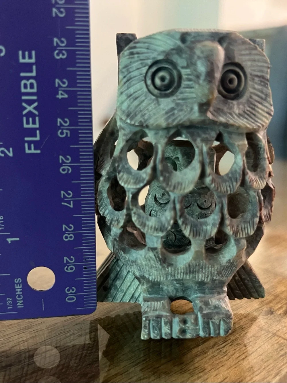 hand-carved Indian soapstone owl sculpture intricate filigree mom & baby